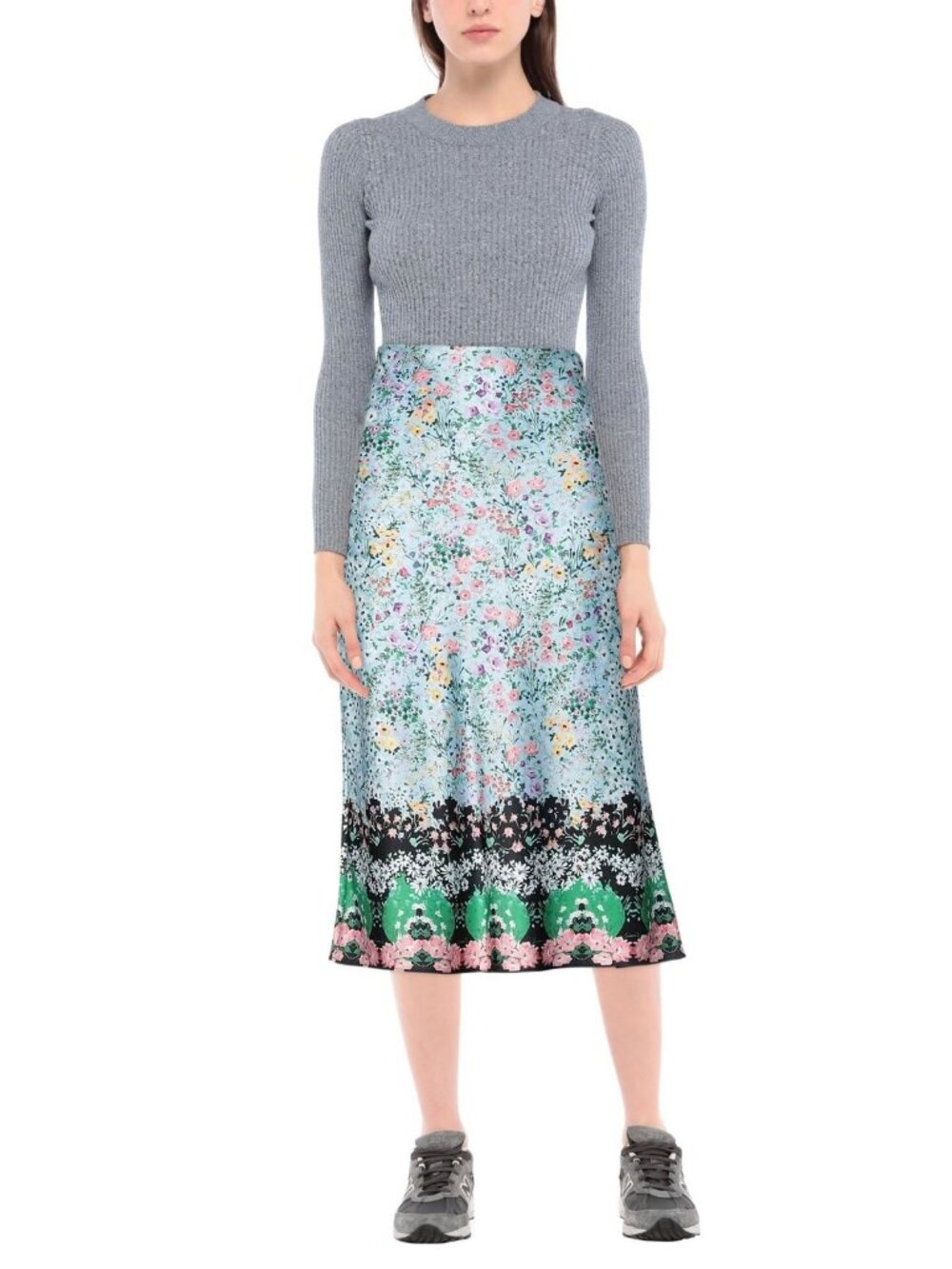 Alice + Olivia Blue Floral Print Midi Skirt Elastic Waist Size M